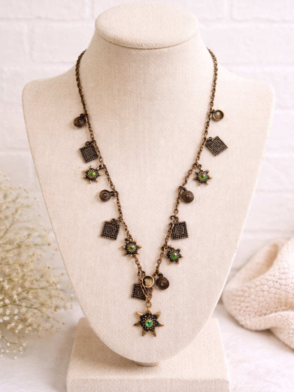 Y2K Axcess Antique Brass Star & Square Charm Necklace with Green Accents